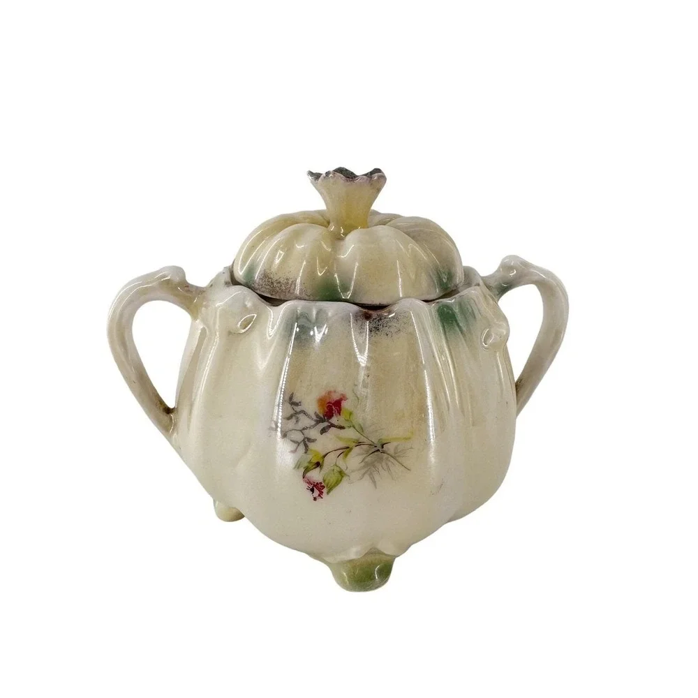 Vintage German Sugar Bowl Floral‎ Hand Painted Gilt Farmhouse Kitchen Country
